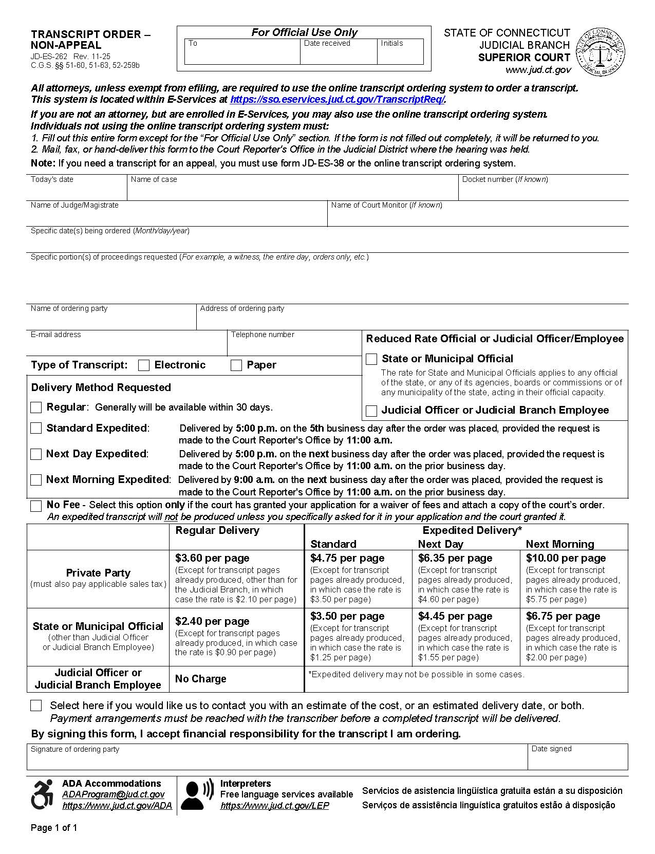 Transcript Order Non Appeal {JD-ES-262} | Pdf Fpdf Docx | Connecticut
