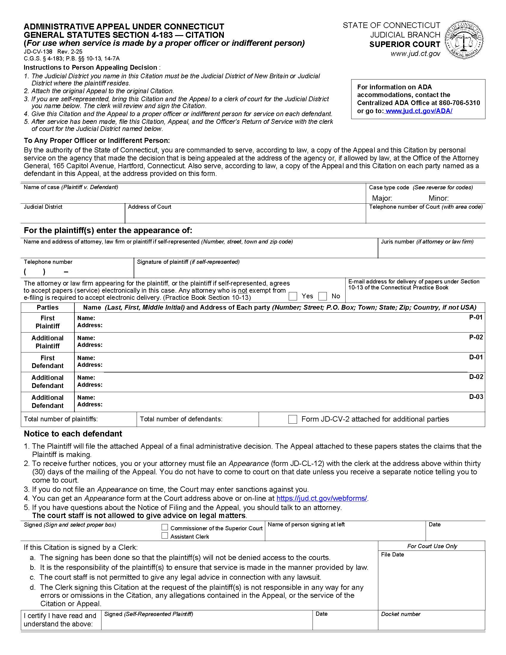 Administrative Appeal Under 4-183 Citation {JD-CV-138} | Pdf Fpdf Doc Docx | Connecticut