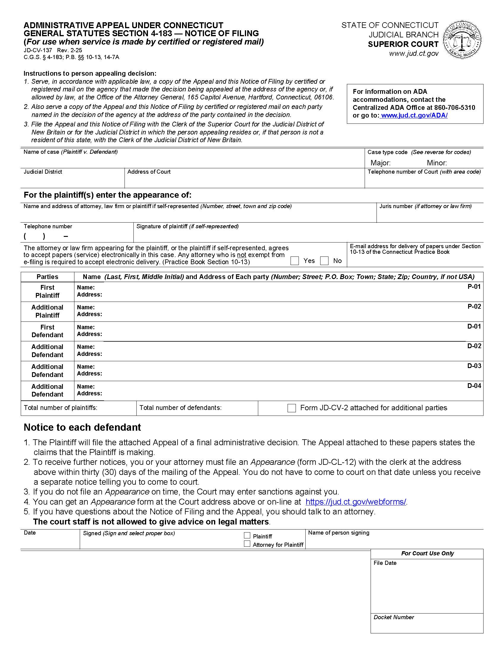 Administrative Appeal Under 4-183 Notice Of Filing {JD-CV-137} | Pdf Fpdf Doc Docx | Connecticut