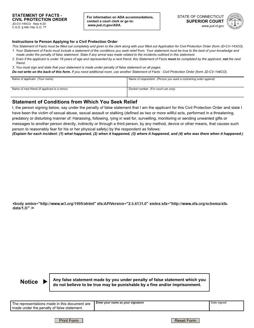 Affidavit Civil Protection Order {JD-CV-144} | Pdf Fpdf Doc Docx | Connecticut