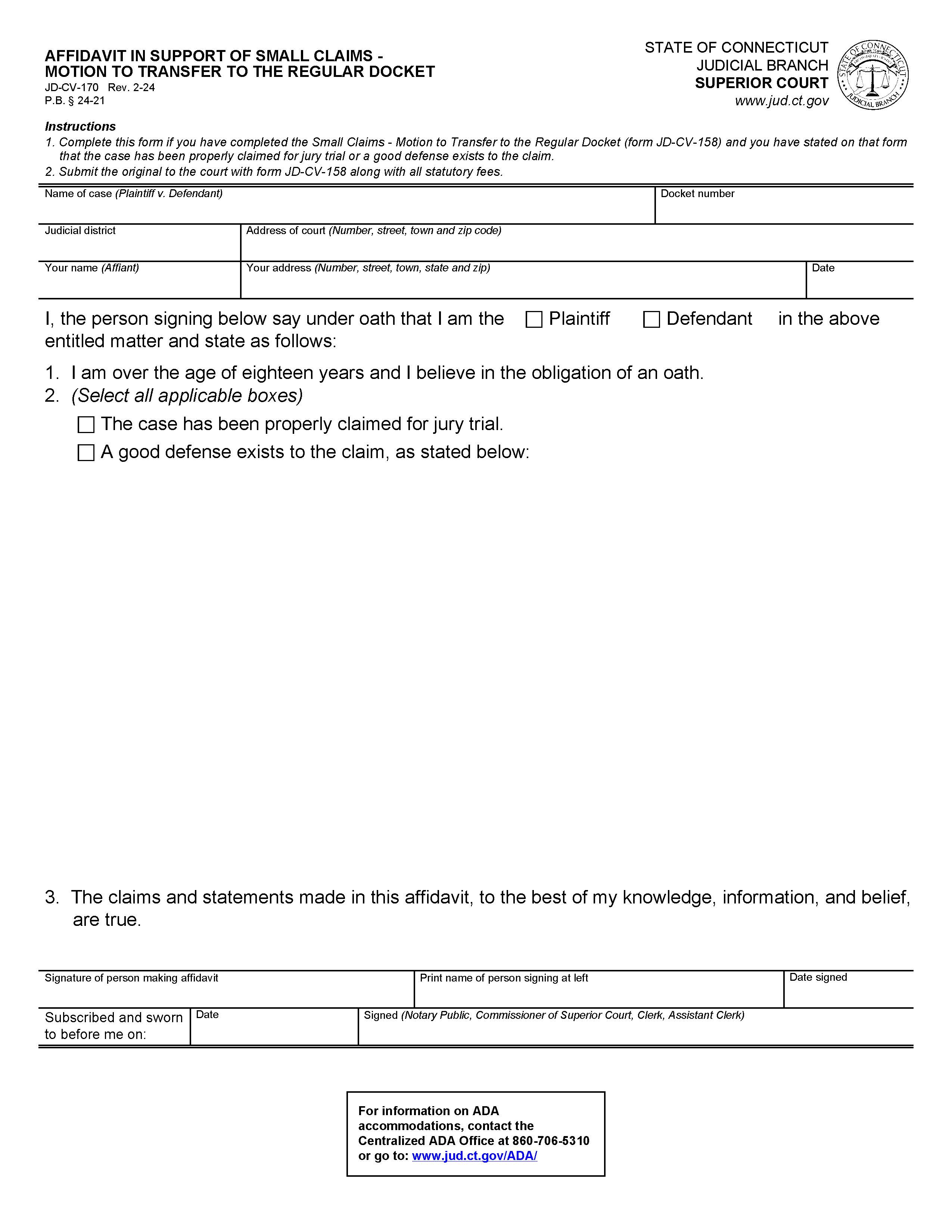 Affidavit In Support Of Small Claims Motion To Transfer To Regular Docket {JD-CV-170} | Pdf Fpdf Docx | Connecticut