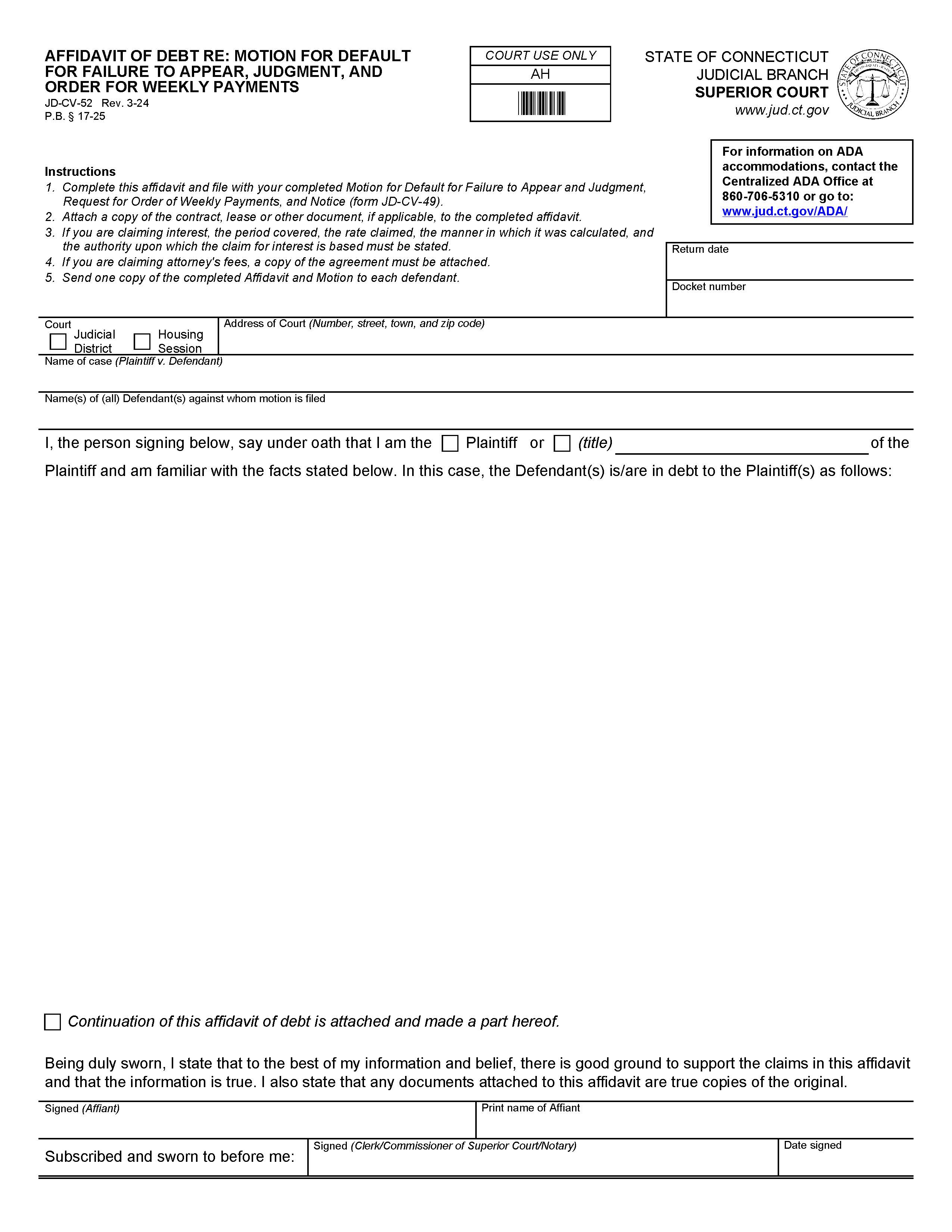 Affidavit Of Debt Re Motion For Default For Failure To Appear Judgment And Order For {JD-CV-52} | Pdf Fpdf Doc Docx | Connecticut