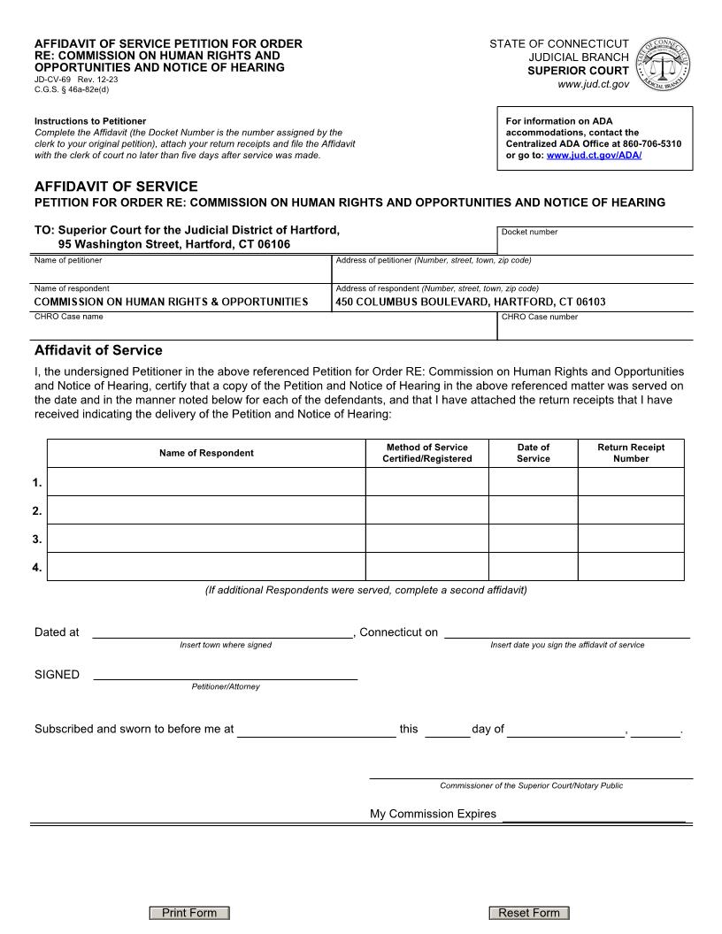 Affidavit Of Service Petition For Order Re Commission On Human Rights {JD-CV-69} | Pdf Fpdf Doc Docx | Connecticut