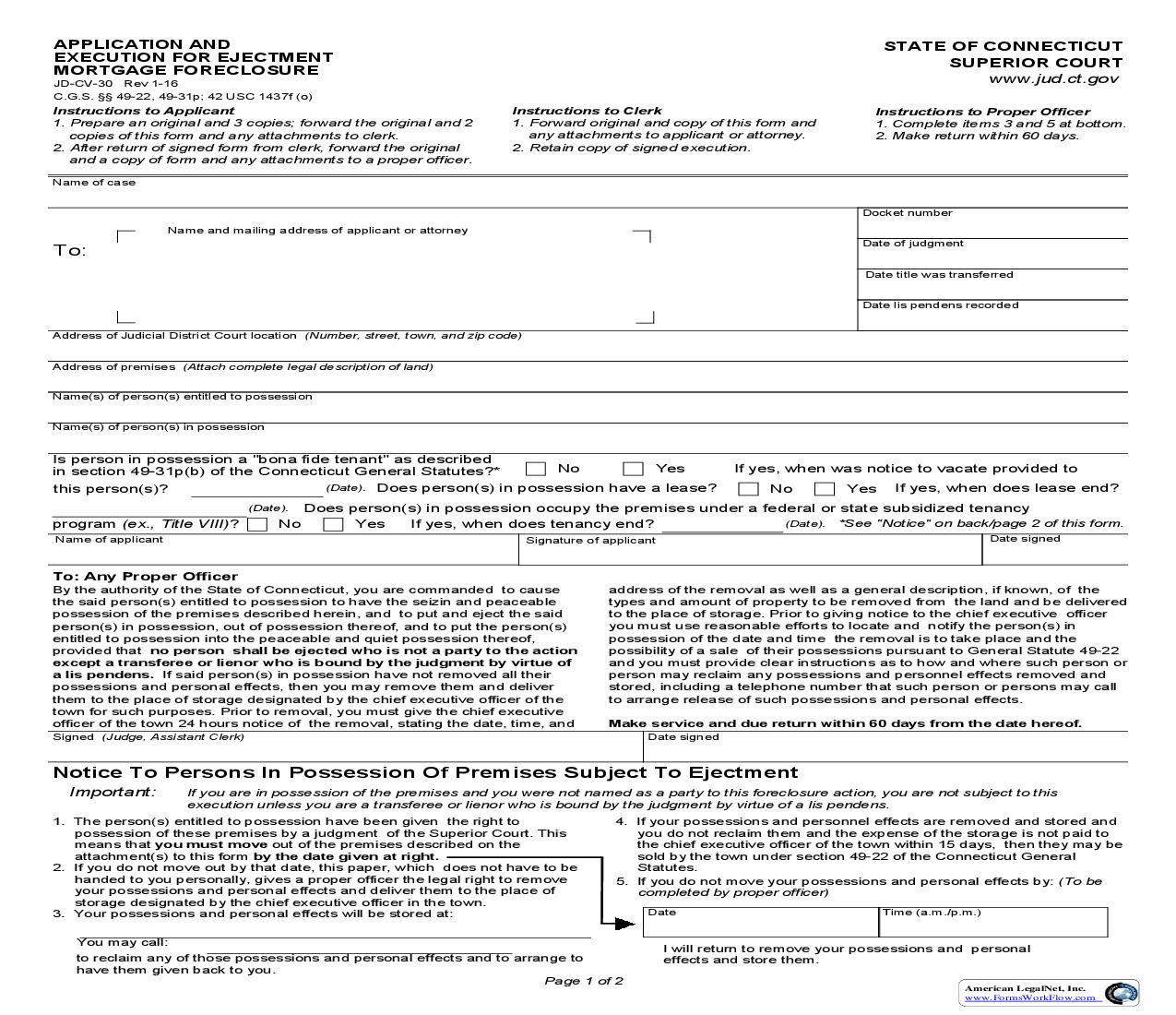 Application And Execution For Ejectment Mortgage Foreclosure {JD-CV-30} | Pdf Fpdf Doc Docx | Connecticut