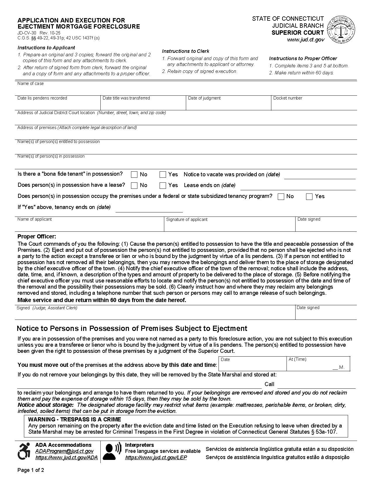 Application And Execution For Ejectment Mortgage Foreclosure {JD-CV-30} | Pdf Fpdf Doc Docx | Connecticut