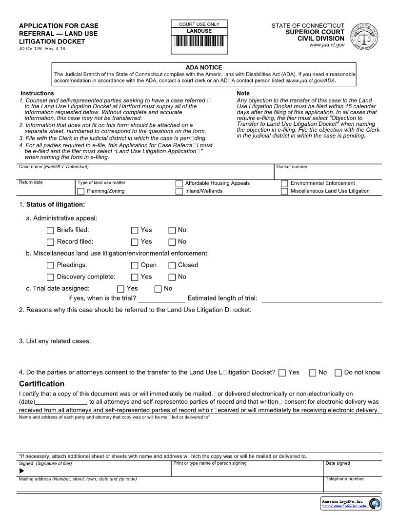 Application For Case Referral Land Use Litigation Docket {JD-CV-129} | Pdf Fpdf Docx | Connecticut