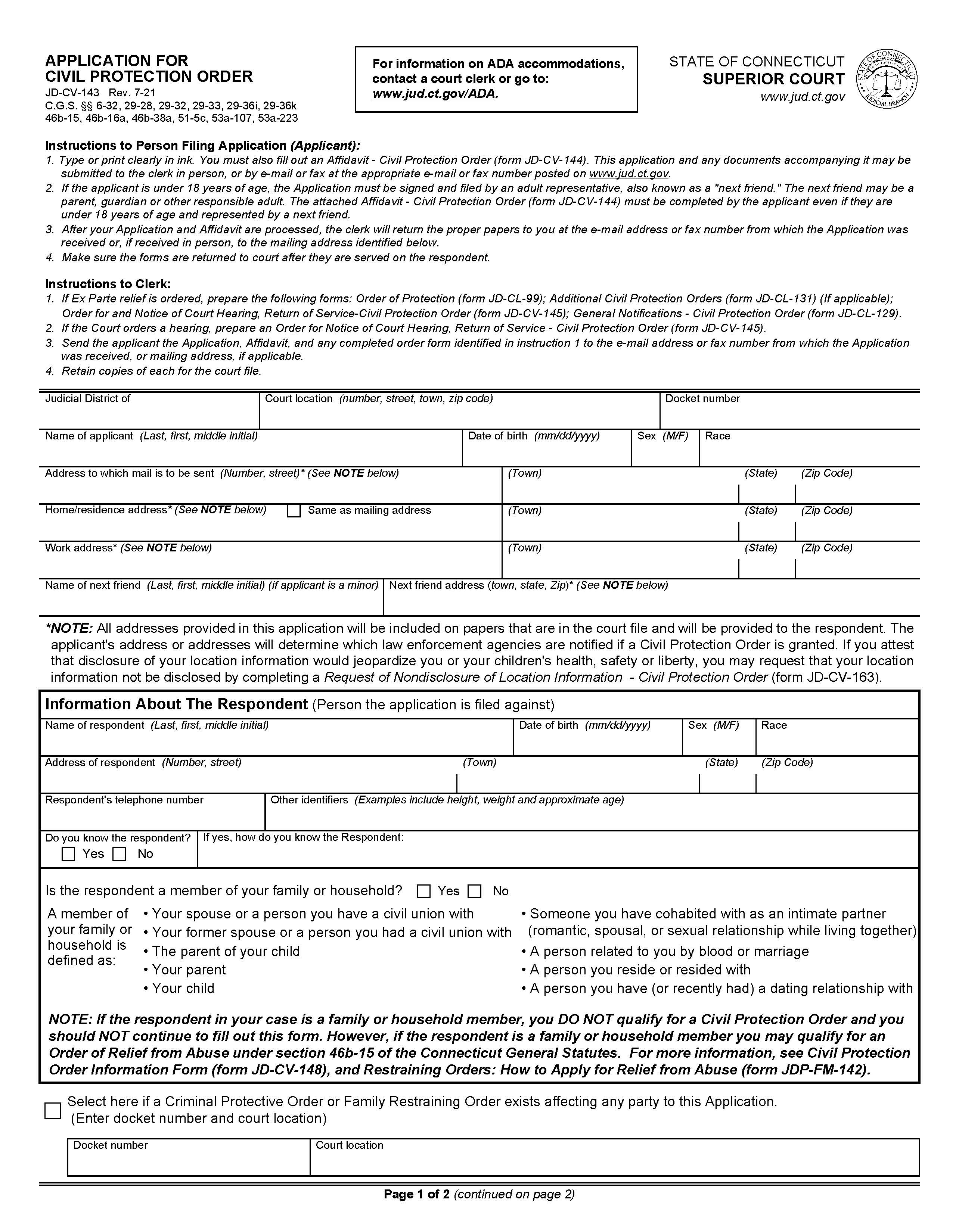 Application For Civil Protection Order {JD-CV-143} | Pdf Fpdf Doc Docx | Connecticut