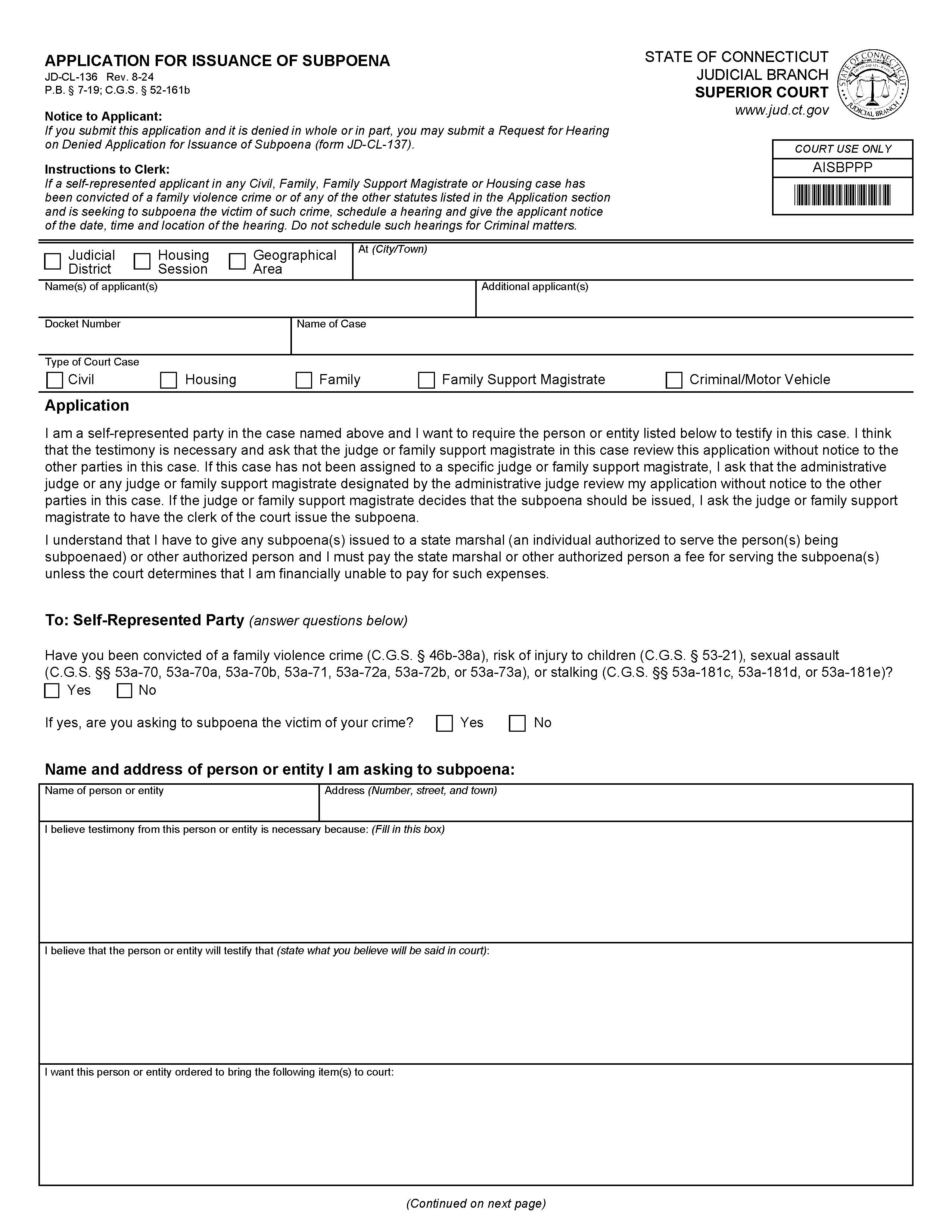 Application For Issuance Of Subpoena {JD-CL-136} | Pdf Fpdf Doc Docx | Connecticut
