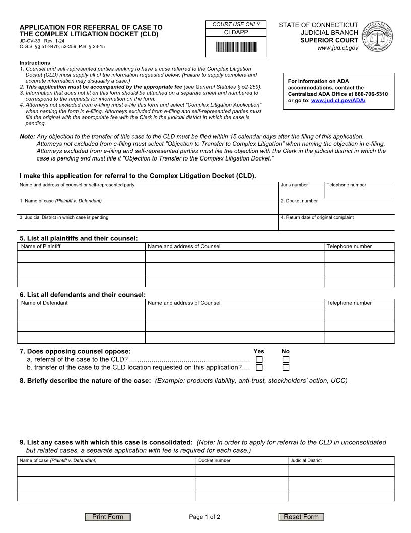 Application For Referral Of Case To The Complex Litigation Docket (CLD) {JD-CV-39} | Pdf Fpdf Doc Docx | Connecticut