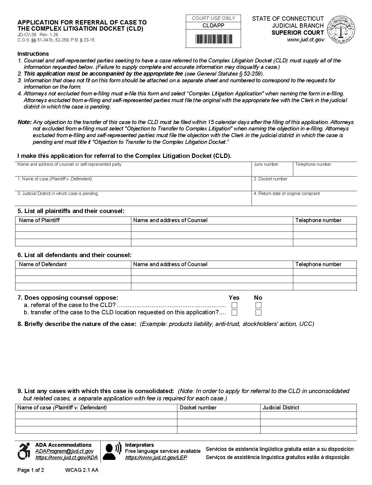 Application For Referral Of Case To The Complex Litigation Docket (CLD) {JD-CV-39} | Pdf Fpdf Doc Docx | Connecticut