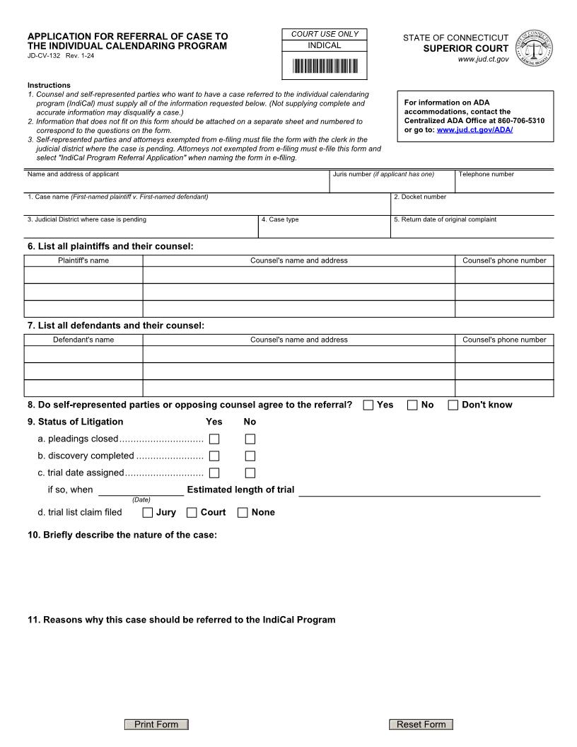 Application For Referral Of Case To The Individual Calendaring Program {JD-CV-132} | Pdf Fpdf Doc Docx | Connecticut