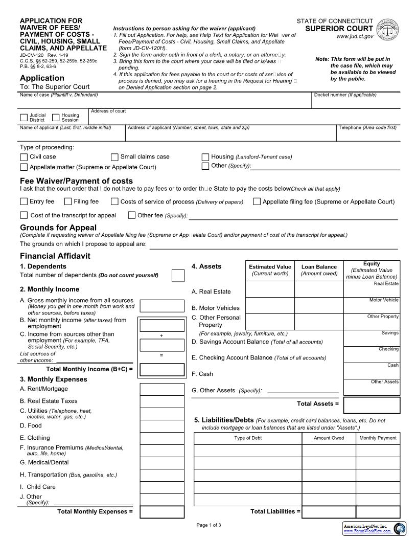 Application For Waiver Of Fees {JD-CV-120} | Pdf Fpdf Docx | Connecticut