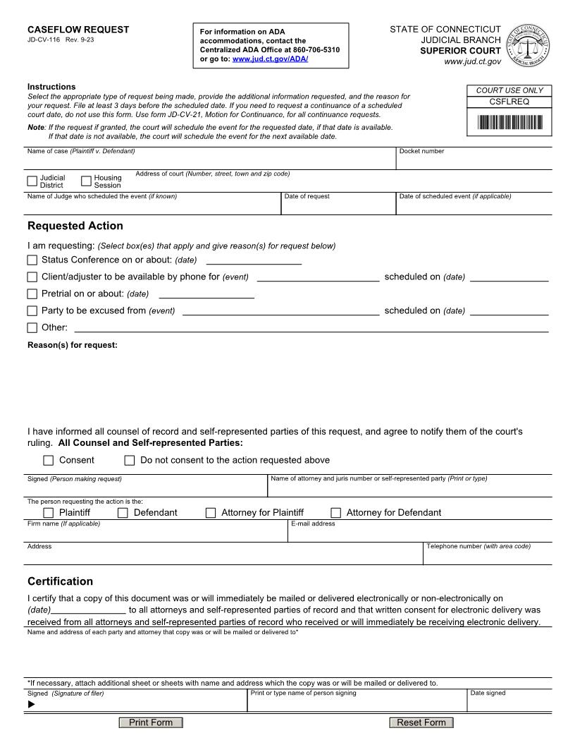 Caseflow Request {JD-CV-116} | Pdf Fpdf Doc Docx | Connecticut