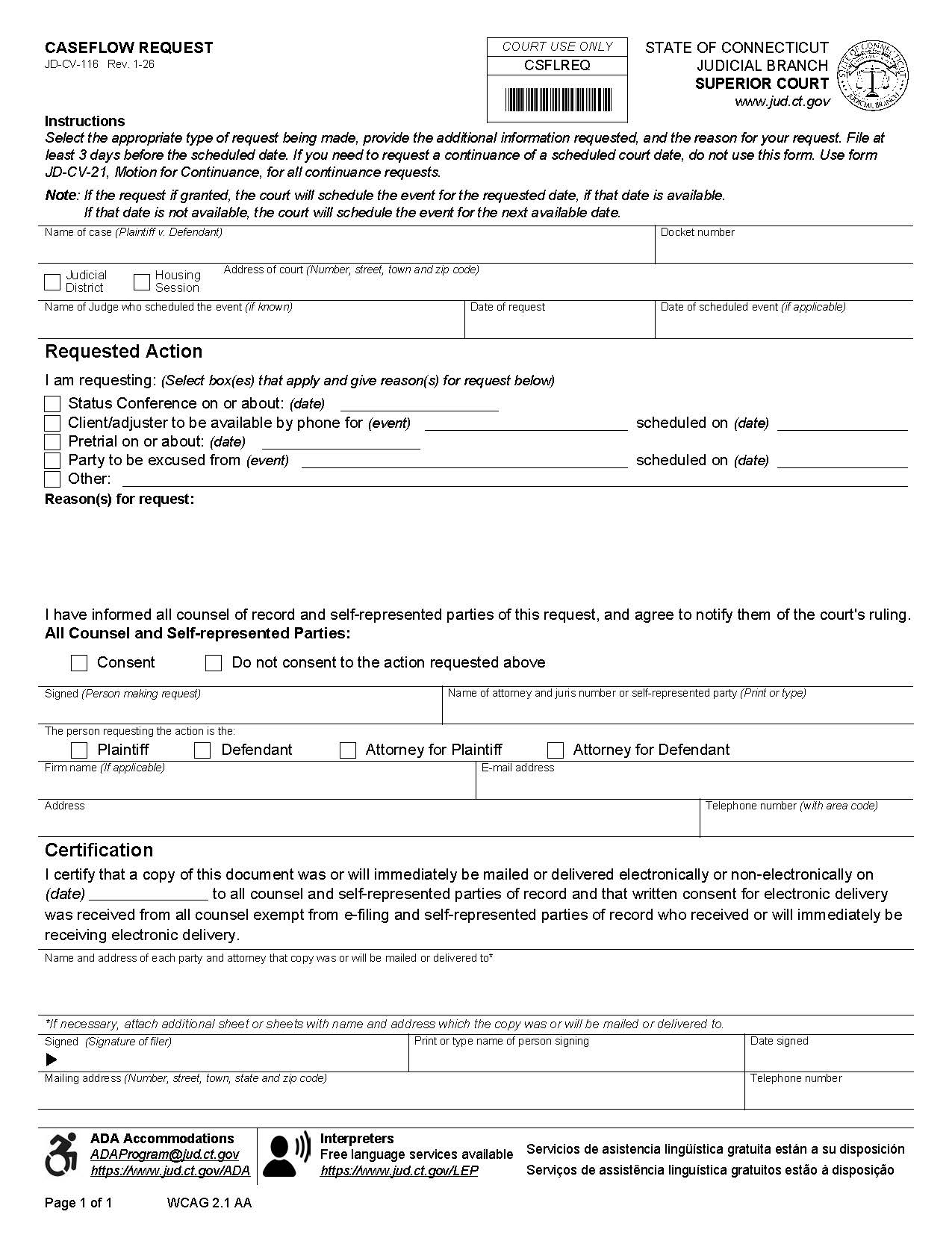 Caseflow Request {JD-CV-116} | Pdf Fpdf Doc Docx | Connecticut