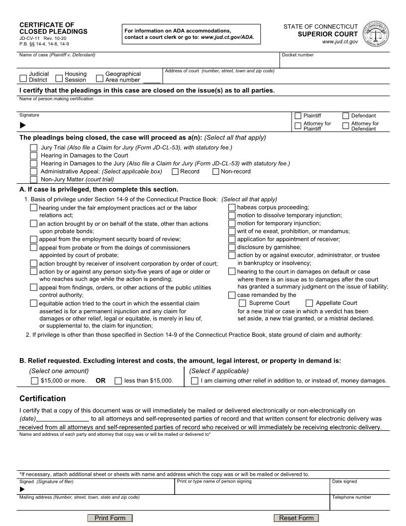 Certificate Of Closed Pleadings {JD-CV-11} | Pdf Fpdf Doc Docx | Connecticut