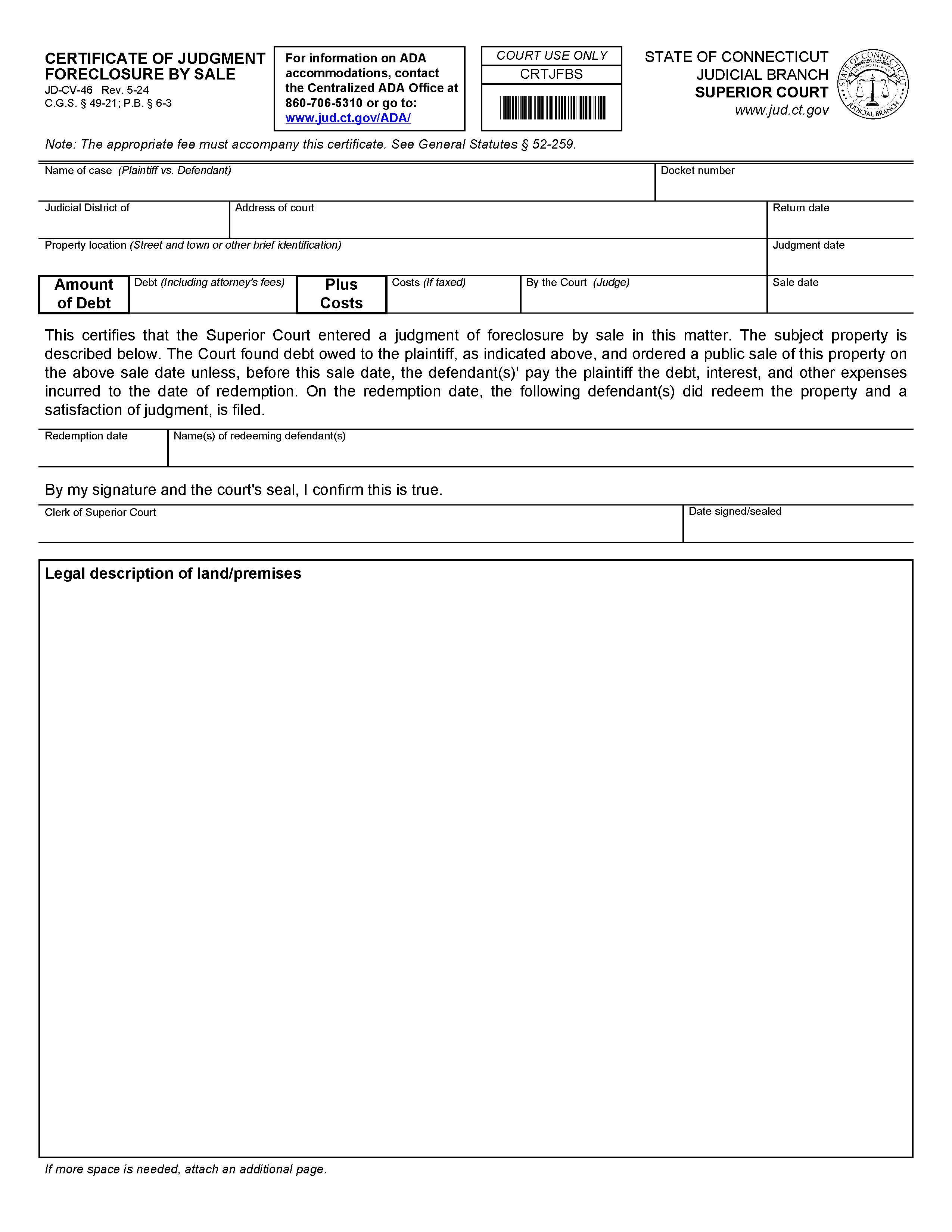 Certificate Of Judgment Foreclosure By Sale {JD-CV-46} | Pdf Fpdf Doc Docx | Connecticut