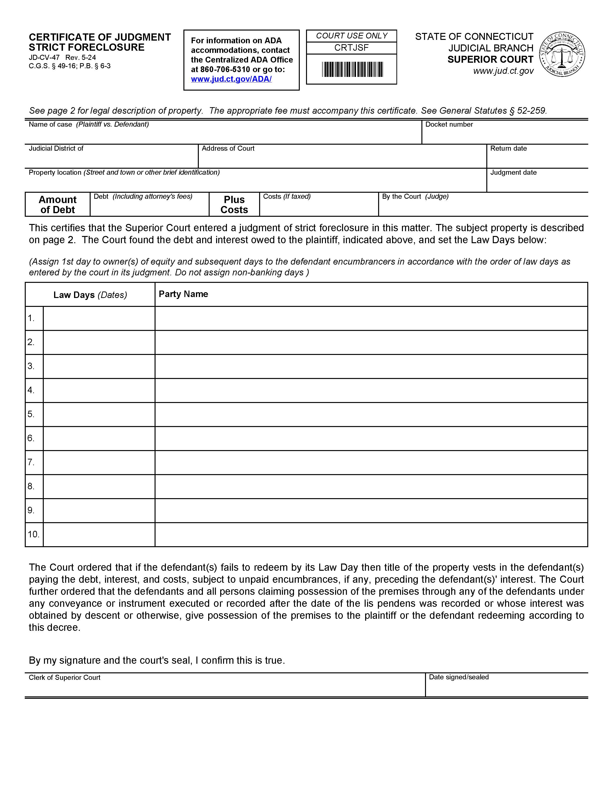 Certificate Of Judgment Strict Foreclosure {JD-CV-47} | Pdf Fpdf Doc Docx | Connecticut