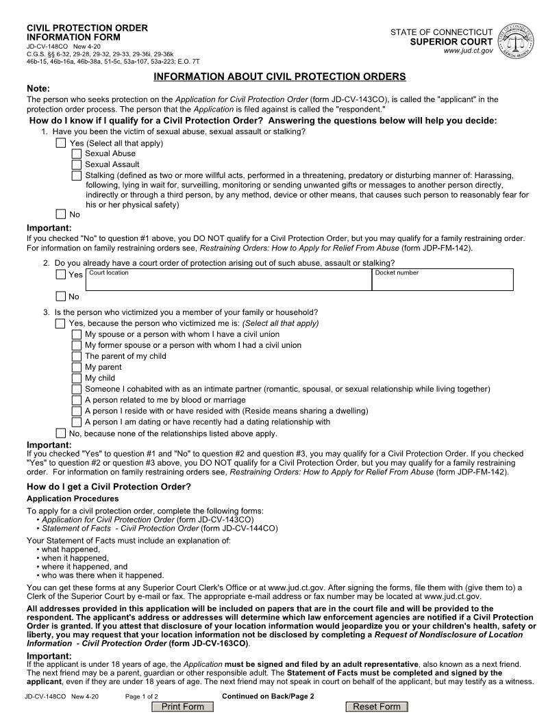 Civil Protection Order Information Form {JD-CV-148} | Pdf Fpdf Doc Docx | Connecticut