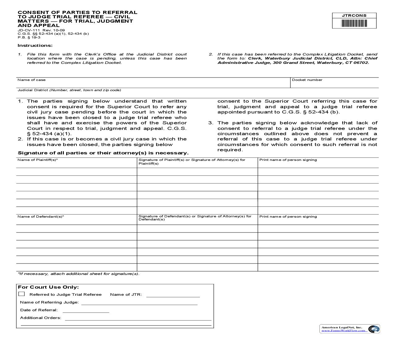 Consent Of Parties To Referral To Judge Trial Referee Civil Matters For Trial Judgment And Appeal {JD-CV-111} | Pdf Fpdf Doc Docx | Connecticut
