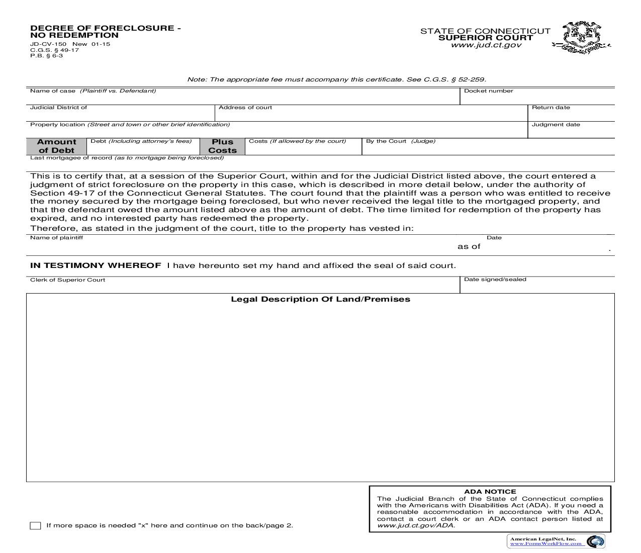 Decree Of Foreclosure No Redemption {JD-CV-150} | Pdf Fpdf Doc Docx | Connecticut