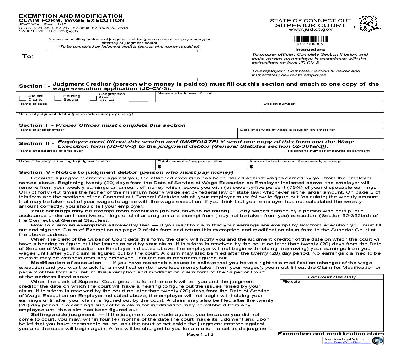 Exemption And Modification Claim Form Wage Execution {JD-CV-3a} | Pdf Fpdf Doc Docx | Connecticut