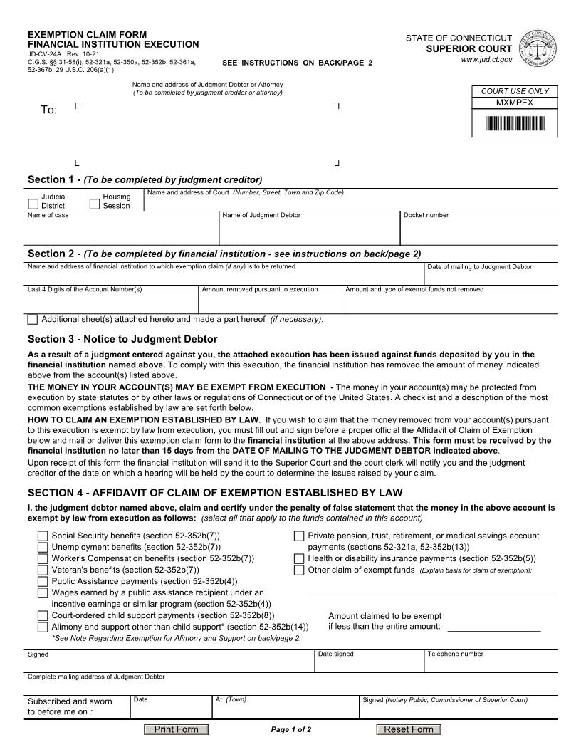 Exemption Claim Form Financial Institution Execution {JD-CV-24a} | Pdf Fpdf Doc Docx | Connecticut