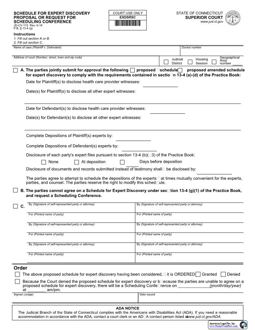 Expert Discovery Schedule Proposal Or Request For Scheduling Conference {JD-CV-115} | Pdf Fpdf Docx | Connecticut