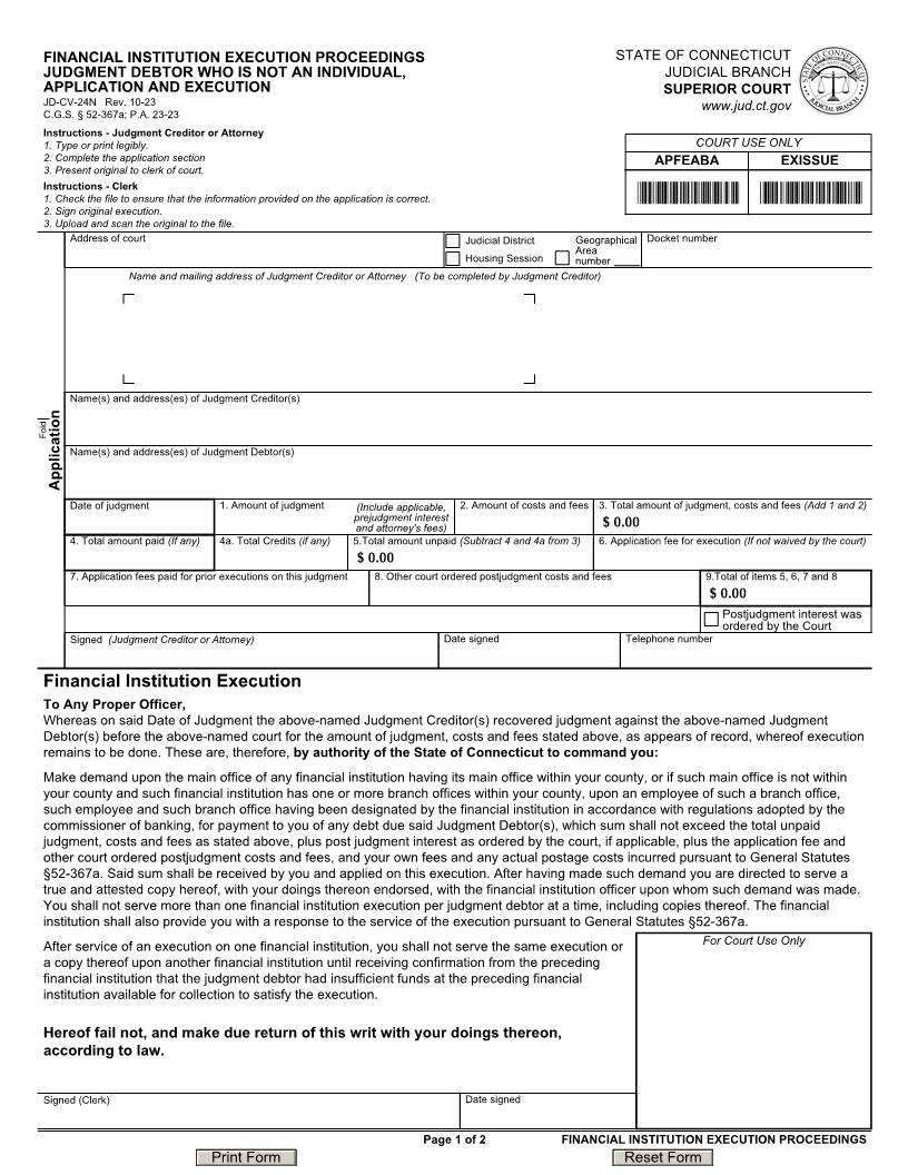 Financial Institution Execution Proceedings - Judgement Debtor Who Is Not Natural Person - Application And Execution {JD-CV-24N} | Pdf Fpdf Doc Docx | Connecticut