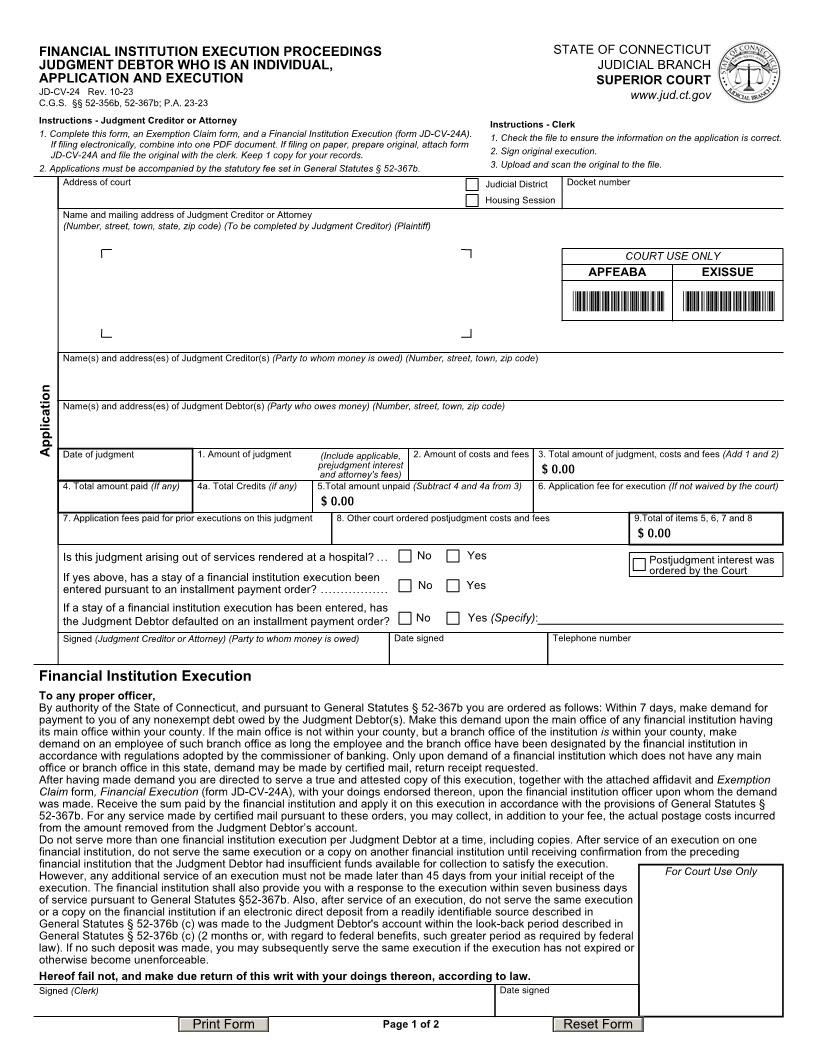 Financial Institution Execution Proceedings - Judgment Debtor Who Is Natural Person - Application And Execution {JD-CV-24} | Pdf Fpdf Doc Docx | Connecticut