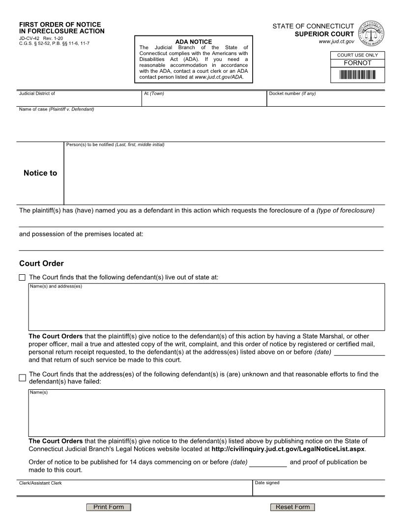First Order Of Notice In Foreclosure Action {JD-CV-42} | Pdf Fpdf Docx | Connecticut