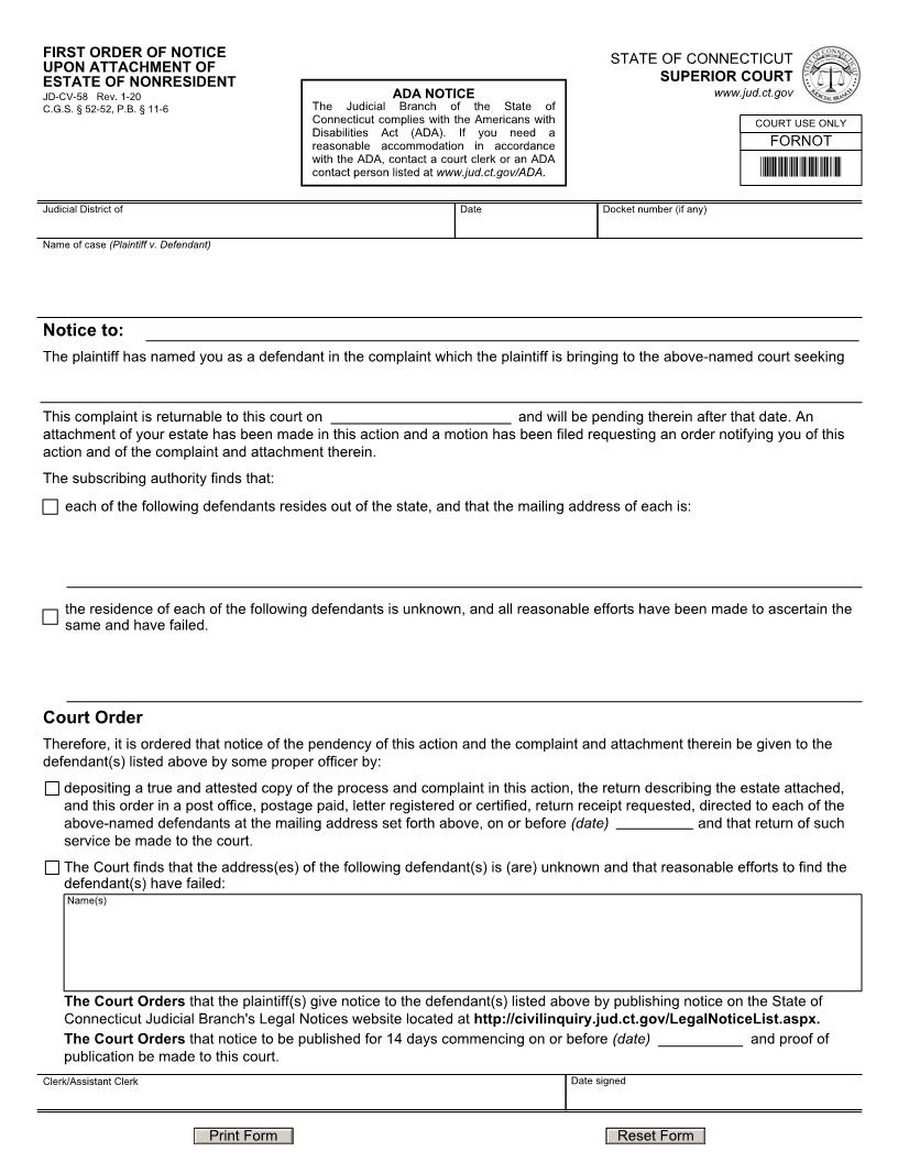 First Order Of Upon Attachment Of Estate Of Nonresident {JD-CV-58} | Pdf Fpdf Doc Docx | Connecticut