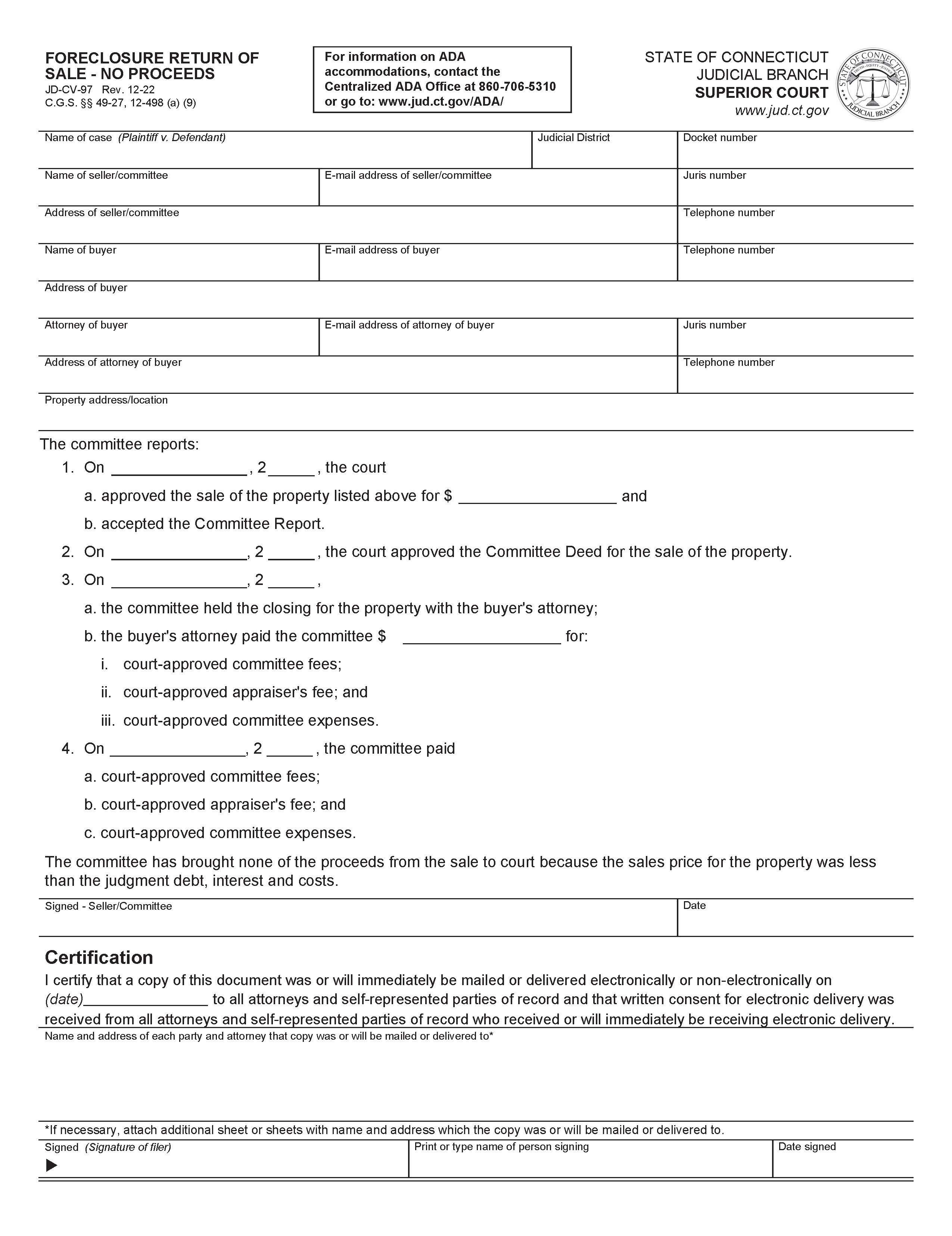 Forclosure Return Of Sale No Proceeds {JD-CV-97} | Pdf Fpdf Doc Docx | Connecticut