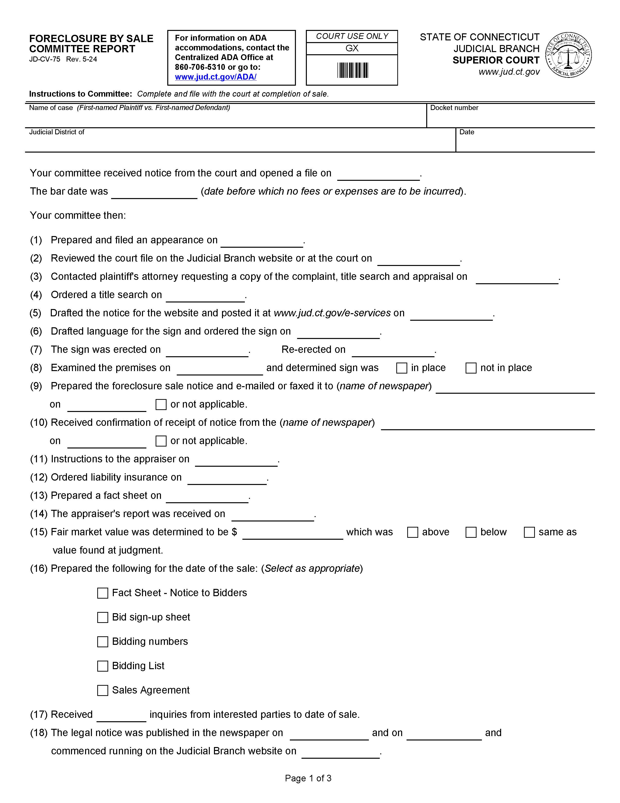 Foreclosure By Sale Committee Report {JD-CV-75} | Pdf Fpdf Doc Docx | Connecticut