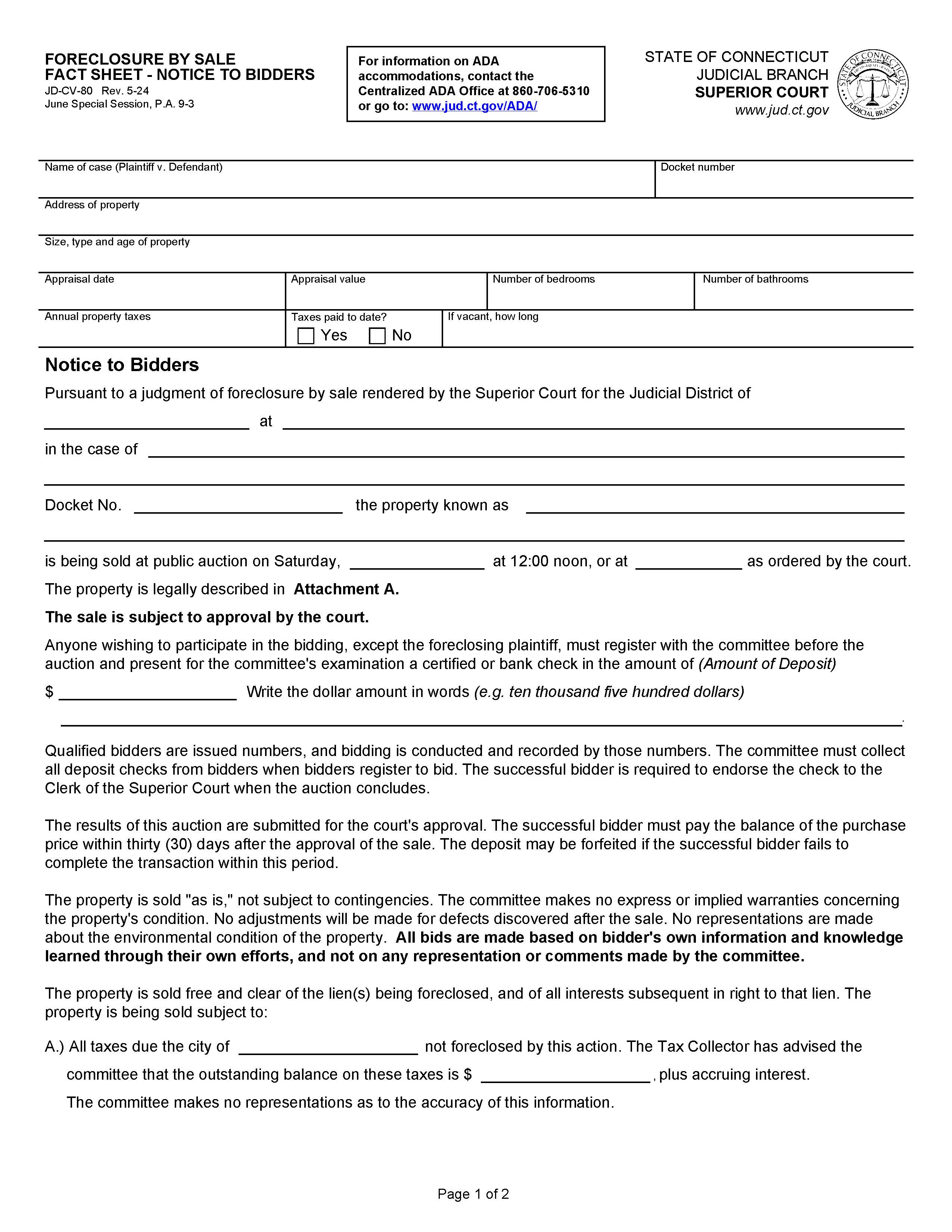 Foreclosure By Sale Fact Sheet - Notice To Bidders {JD-CV-80} | Pdf Fpdf Doc Docx | Connecticut