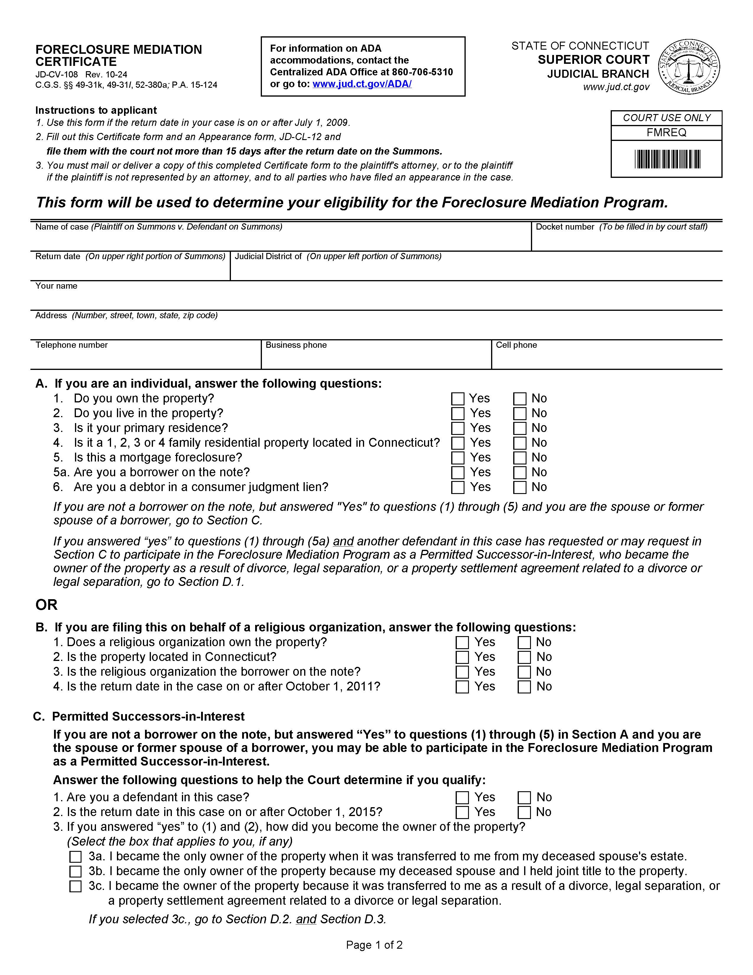 Foreclosure Mediation Certificate {JD-CV-108} | Pdf Fpdf Doc Docx | Connecticut