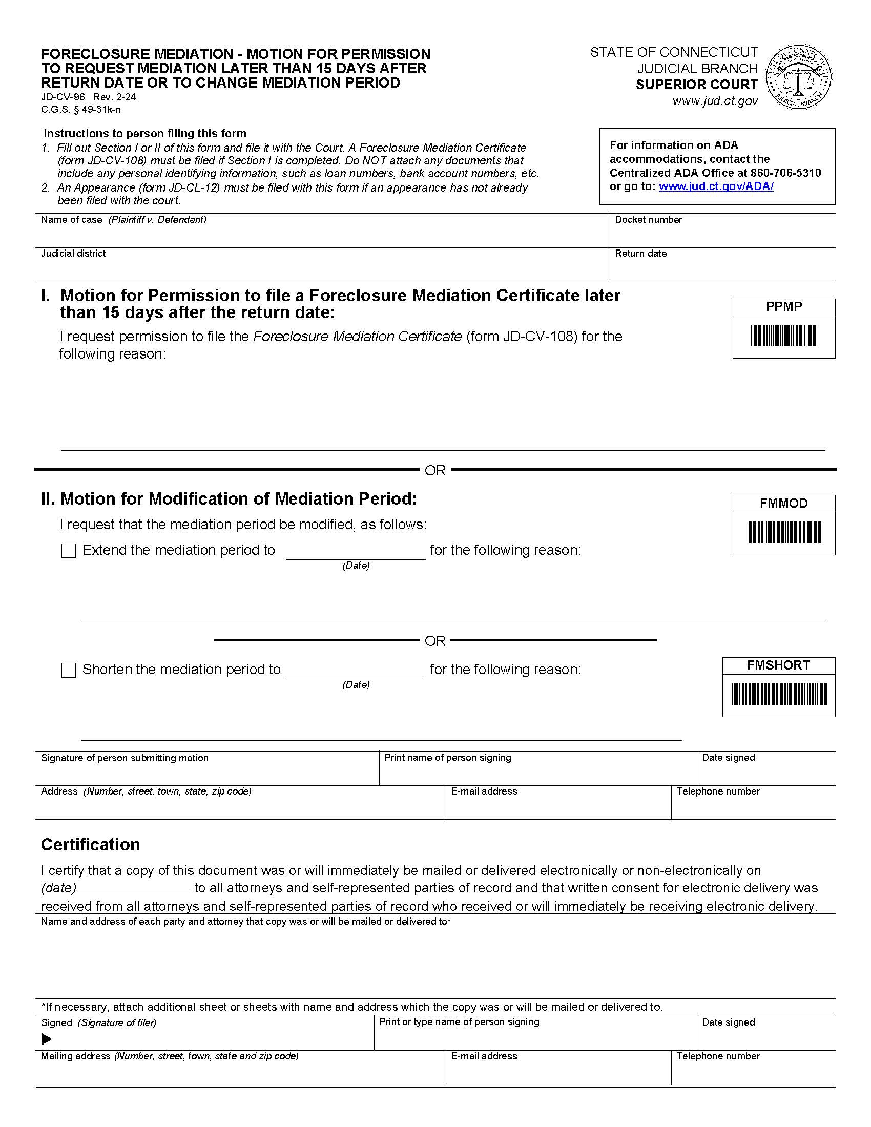 Foreclosure Mediation Motion To Request Later Mediation {JD-CV-96}  | Pdf Fpdf Docx | Connecticut