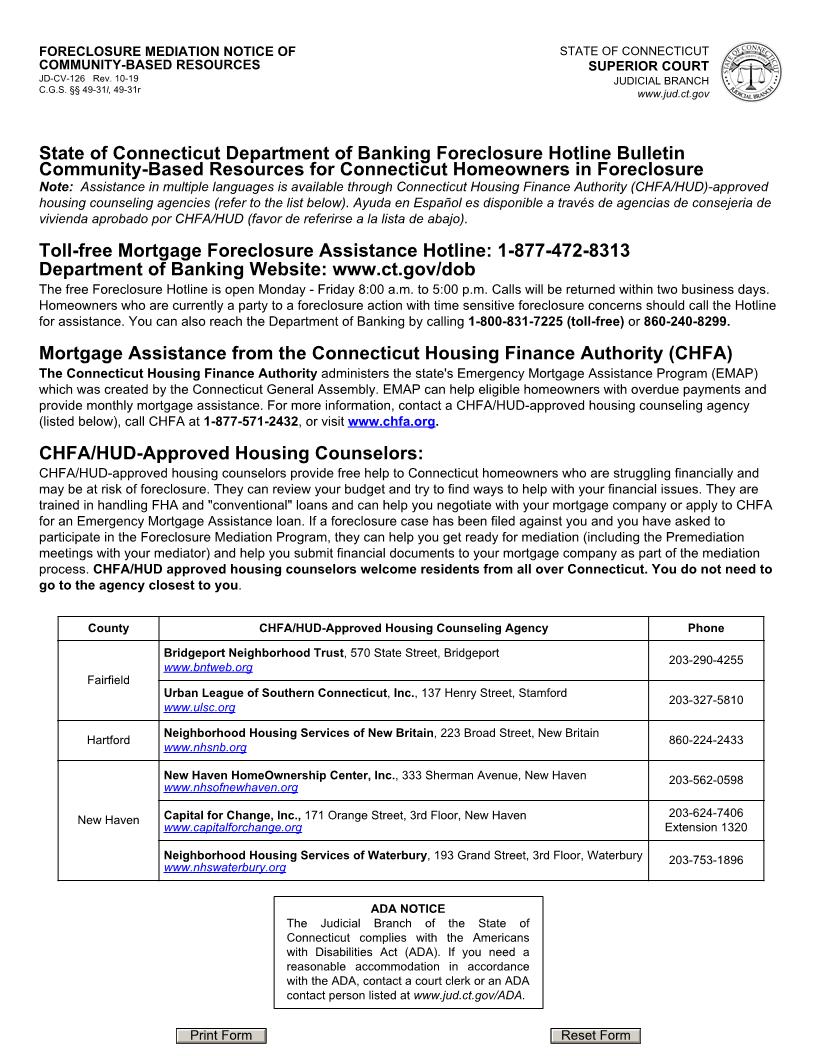 Foreclosure Mediation Notice Of Community Based Resources {JD-CV-126} | Pdf Fpdf Docx | Connecticut