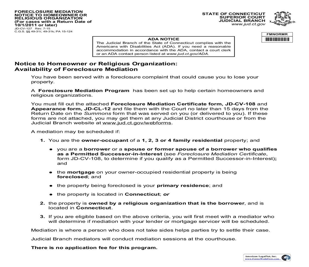 Foreclosure Mediation Notice To Homeowner Or Religious Organization {JD-CV-127} | Pdf Fpdf Doc Docx | Connecticut