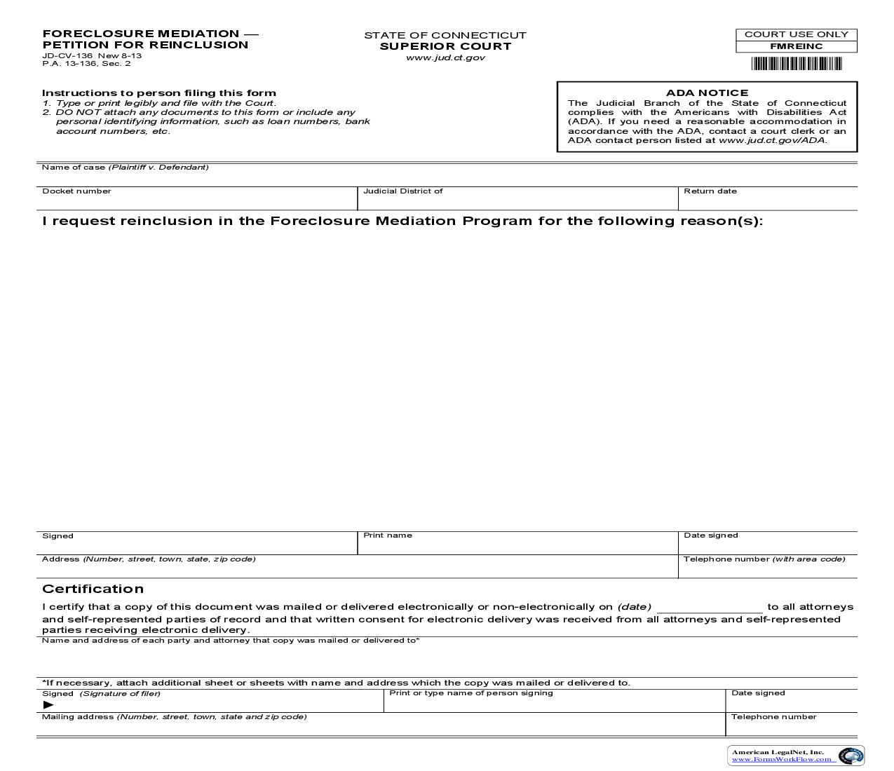 Foreclosure Mediation Petition For Reinclusion {JD-CV-136} | Pdf Fpdf Doc Docx | Connecticut