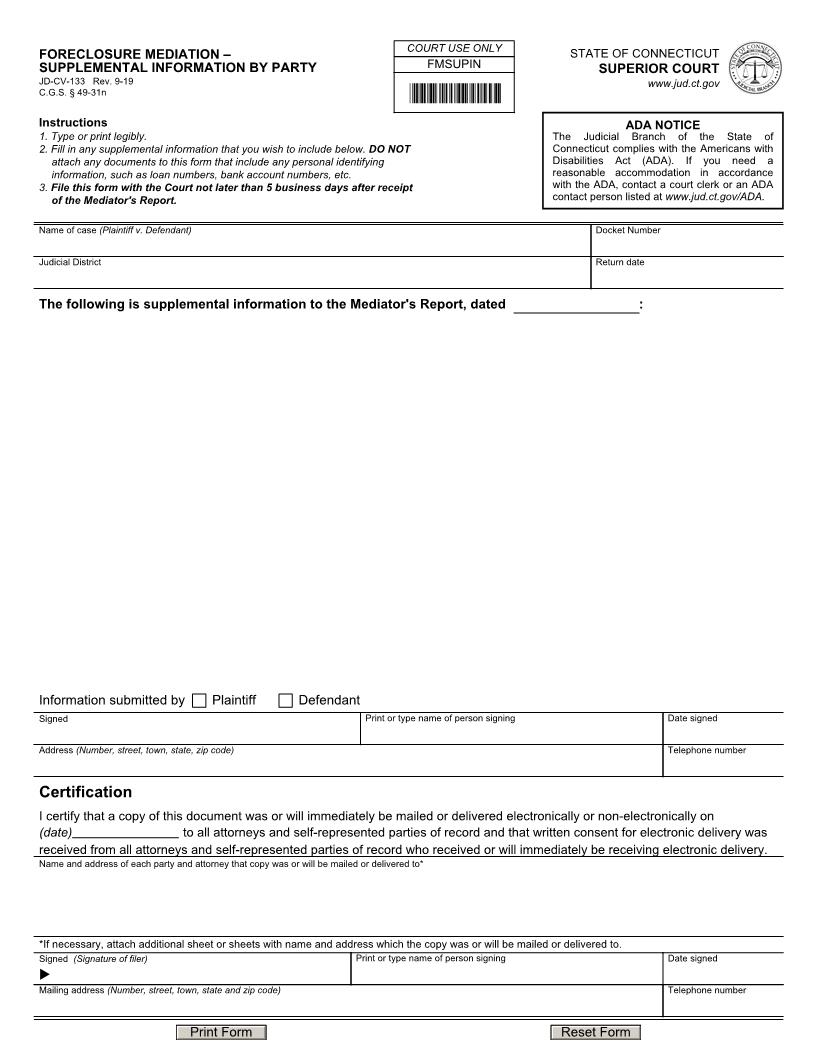 Foreclosure Mediation Supplemental Information By Party {JD-CV-133} | Pdf Fpdf Doc Docx | Connecticut