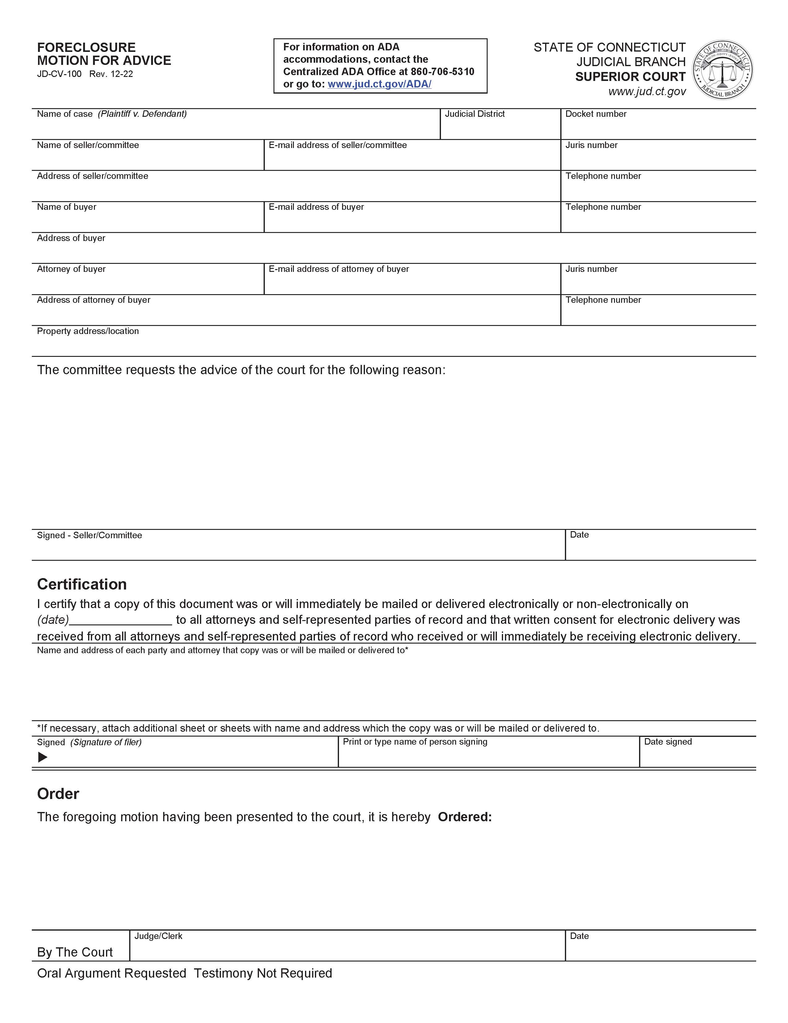 Foreclosure Motion For Advice  {JD-CV-100} | Pdf Fpdf Doc Docx | Connecticut