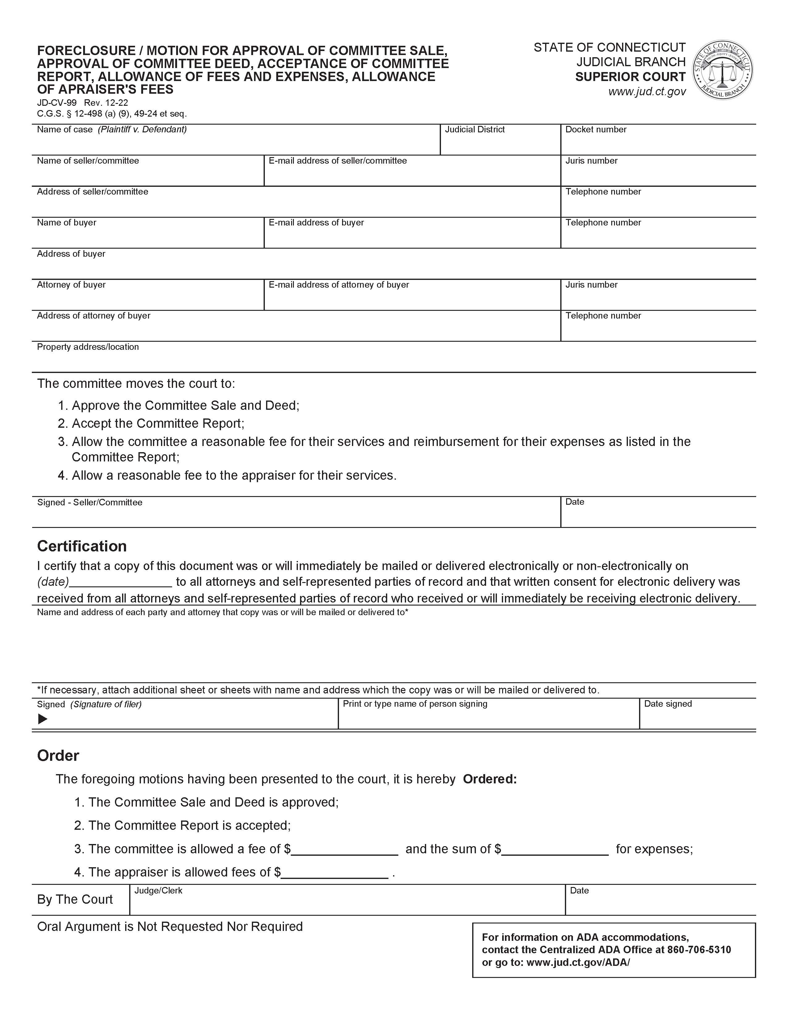 Foreclosure Motion For Approval Of Committee Sale Approval Of Committee Deed Acceptance Of Comittee Report  {JD-CV-99} | Pdf Fpdf Doc Docx | Connecticut