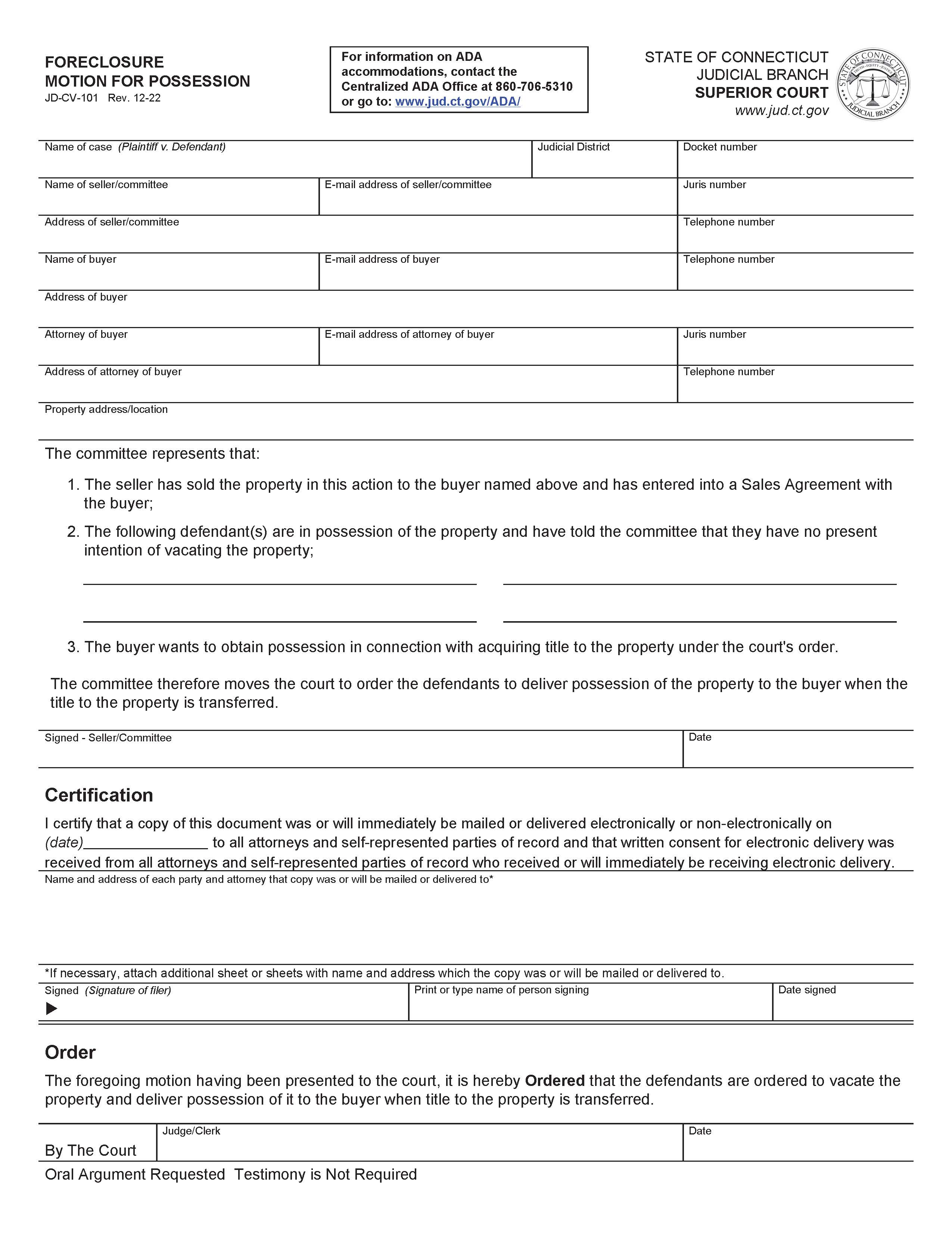 Foreclosure Motion For Possession  {JD-CV-101} | Pdf Fpdf Doc Docx | Connecticut