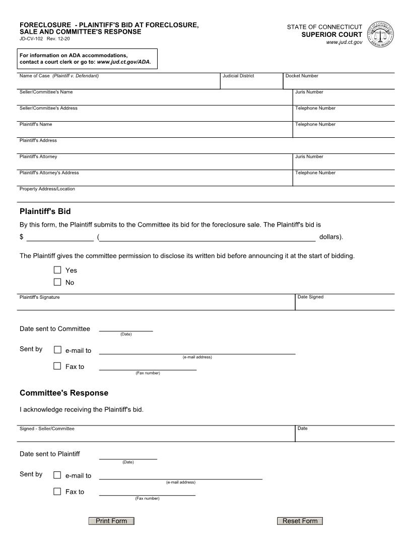 Foreclosure Plaintiffs Bid At Foreclosure Sale And Committees Response {JD-CV-102} | Pdf Fpdf Doc Docx | Connecticut