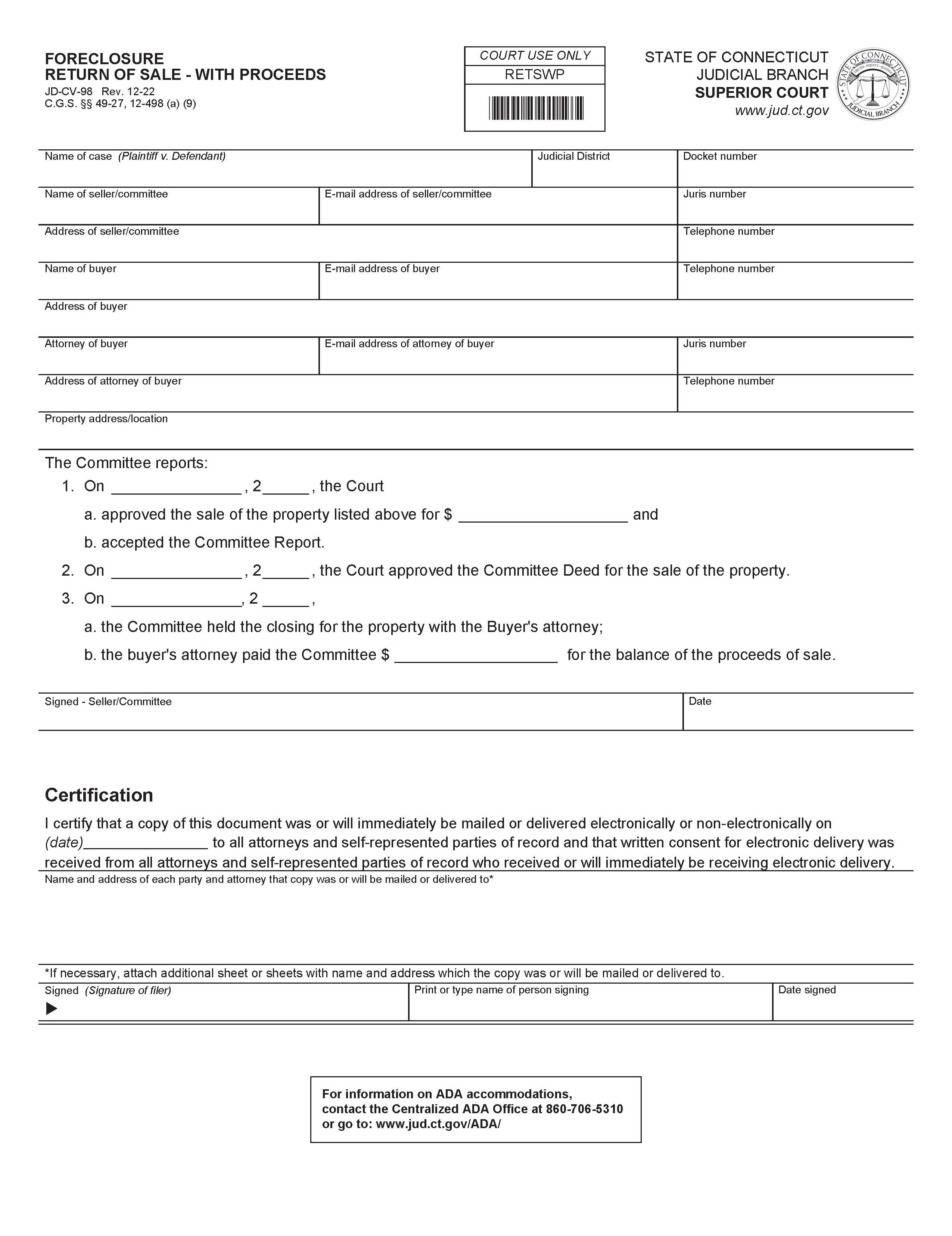 Foreclosure Return Of Sale With Proceeds {JD-CV-98} | Pdf Fpdf Doc Docx | Connecticut