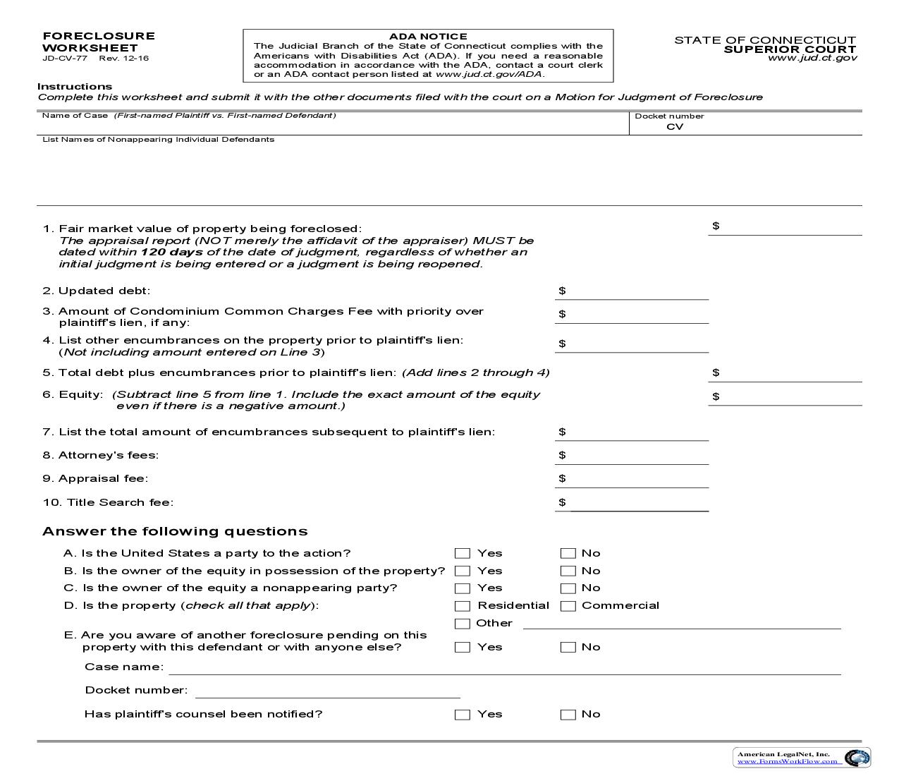 Foreclosure Worksheet {JD-CV-77} | Pdf Fpdf Doc Docx | Connecticut