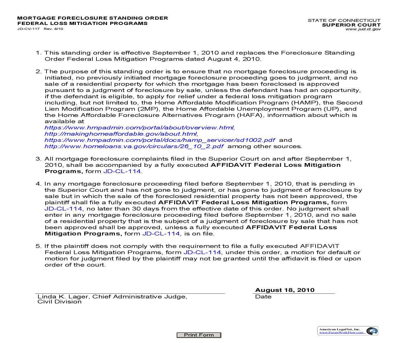 Mortgage Foreclosure Standing Order Federal Loss Mitigation Programs {JD-CV-117} | Pdf Fpdf Doc Docx | Connecticut