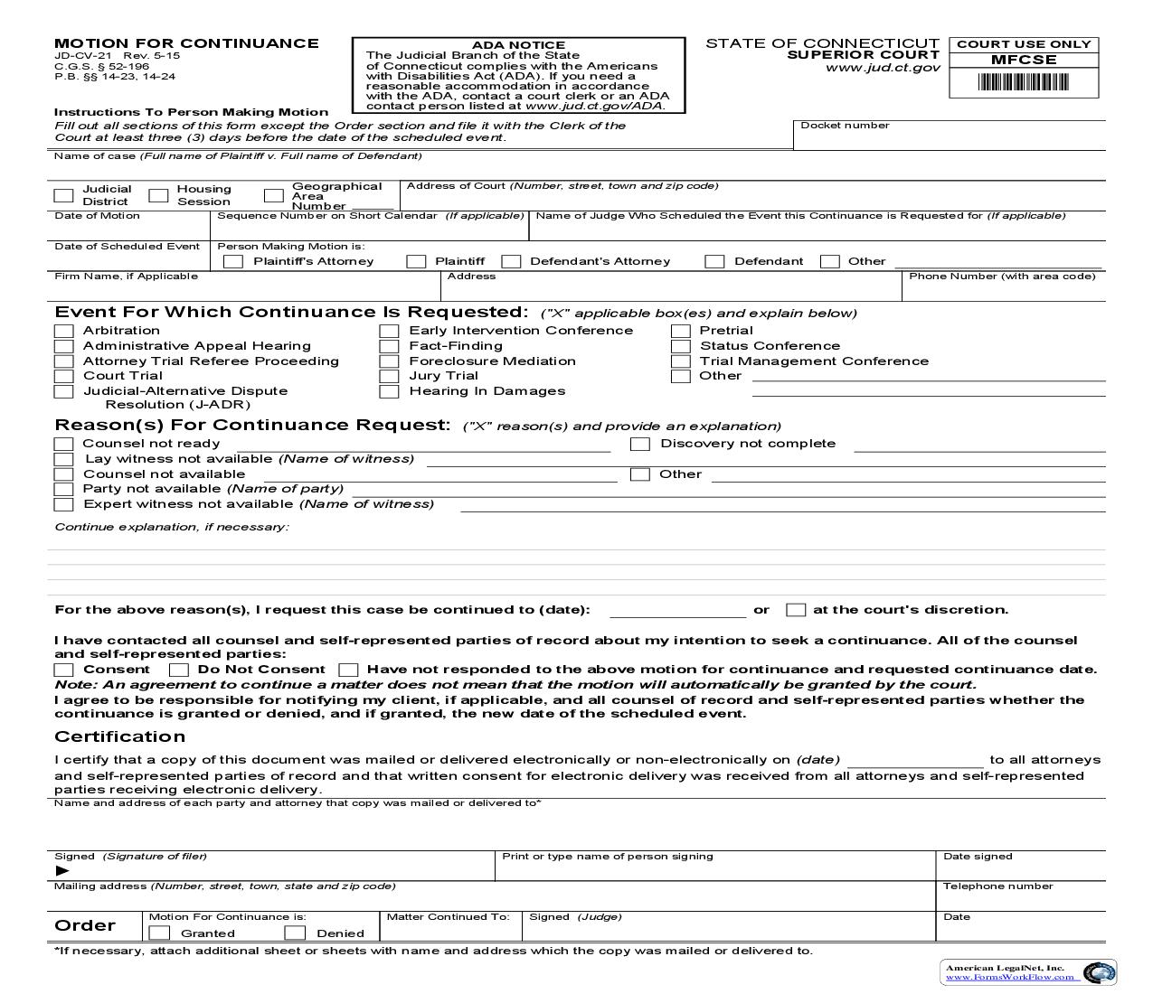 Motion For Continuance {JD-CV-21} | Pdf Fpdf Doc Docx | Connecticut