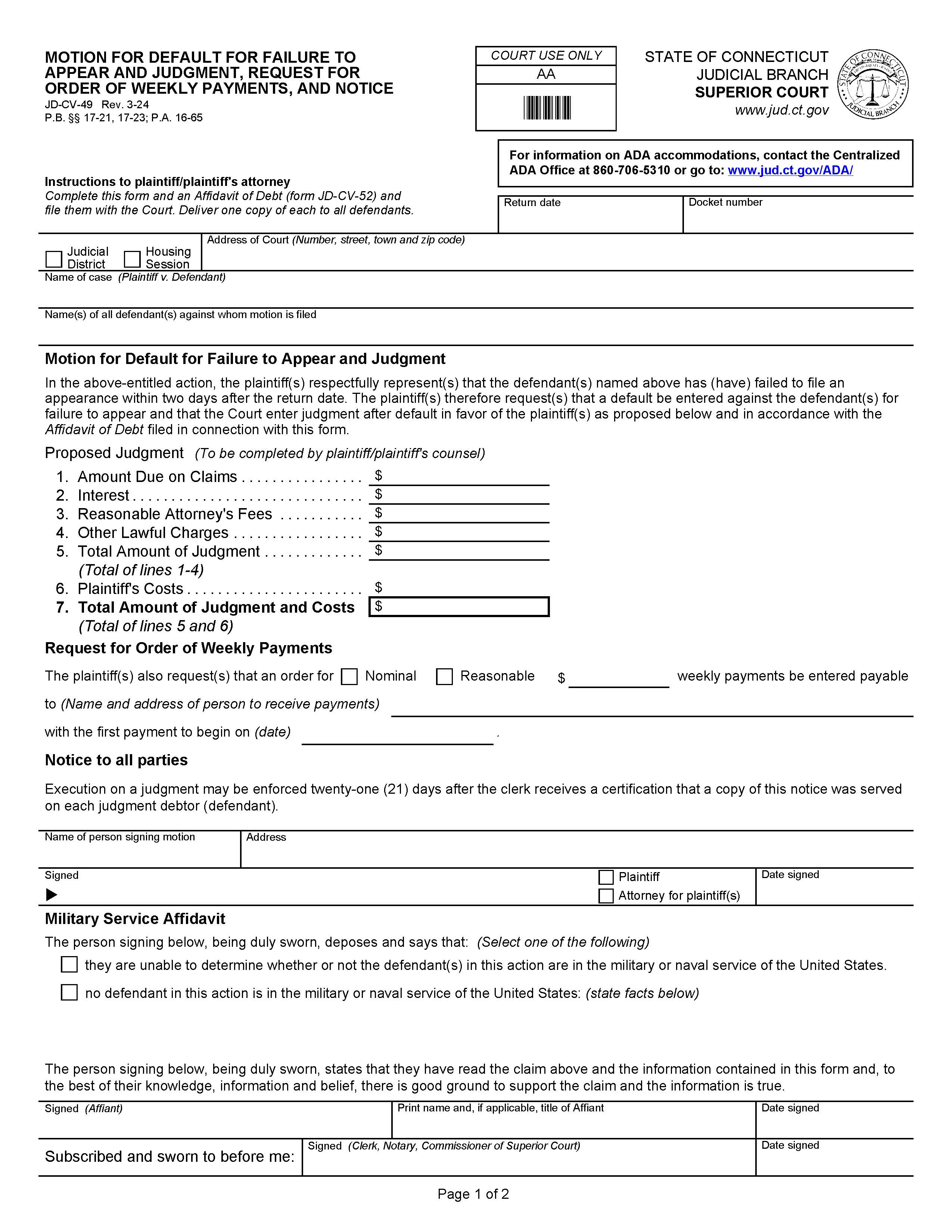 Motion For Default For Failure To Appear Order For Weekly Payment {JD-CV-49} | Pdf Fpdf Doc Docx | Connecticut