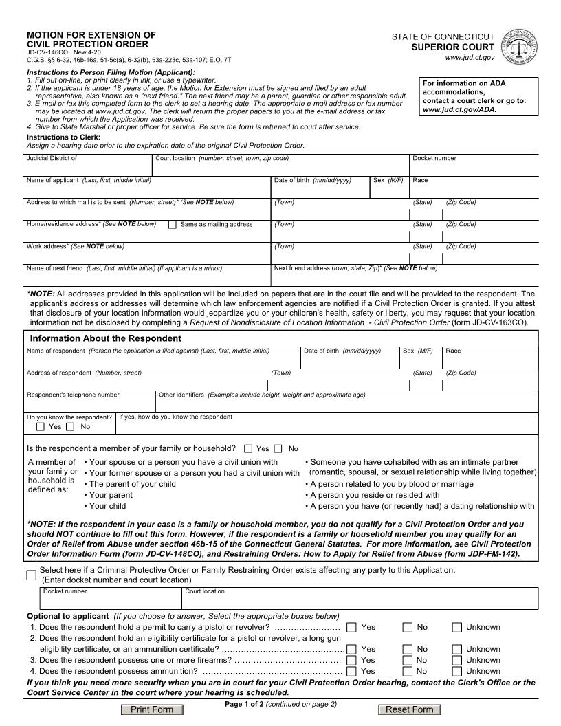 Motion For Extension Of Civil Protection Order {JD-CV-146} | Pdf Fpdf Doc Docx | Connecticut